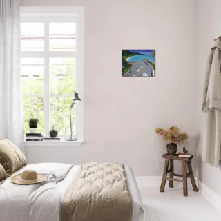 Canvas print featuring a coastal road, turquoise bay, green hills, sandy beach, road signs, and seagulls.