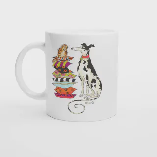 White mug with cat and spotted dog illustration