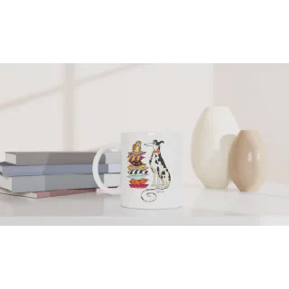 White mug with cat and spotted dog illustration on a shelf beside books and vases