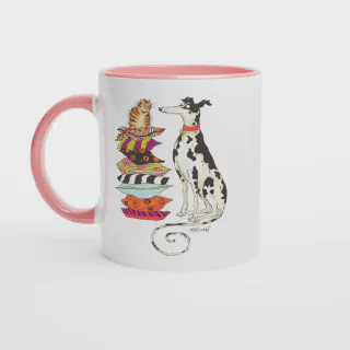 White mug with pink handle and pink interior, featuring cat and spotted dog illustration