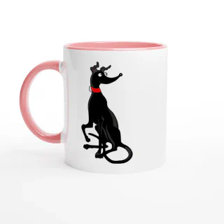 White mug with a black greyhound cartoon and pink handle and interior