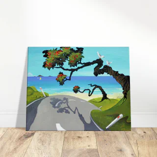 Square canvas print leaning against a white wall on a wooden floor