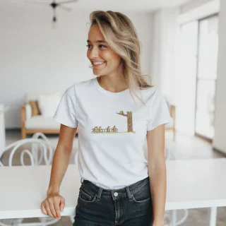 Model wearing white T-shirt with cartoon cats and birds design